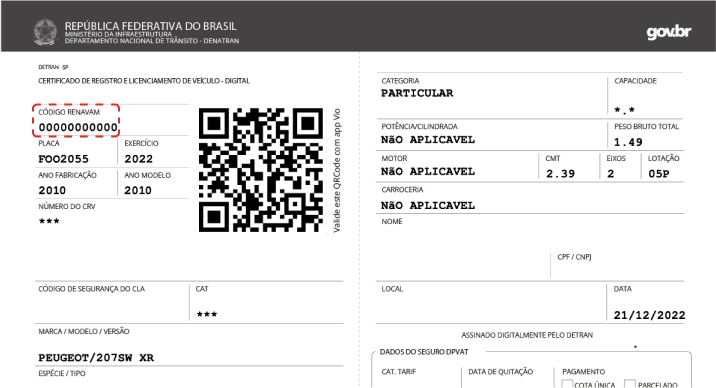 Imagem indicando localização do renavam no documento